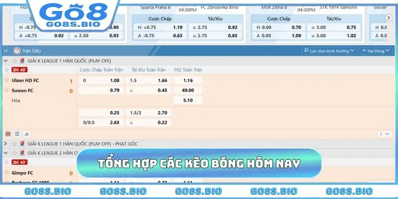Tổng hợp các kèo bóng hôm nay GO8